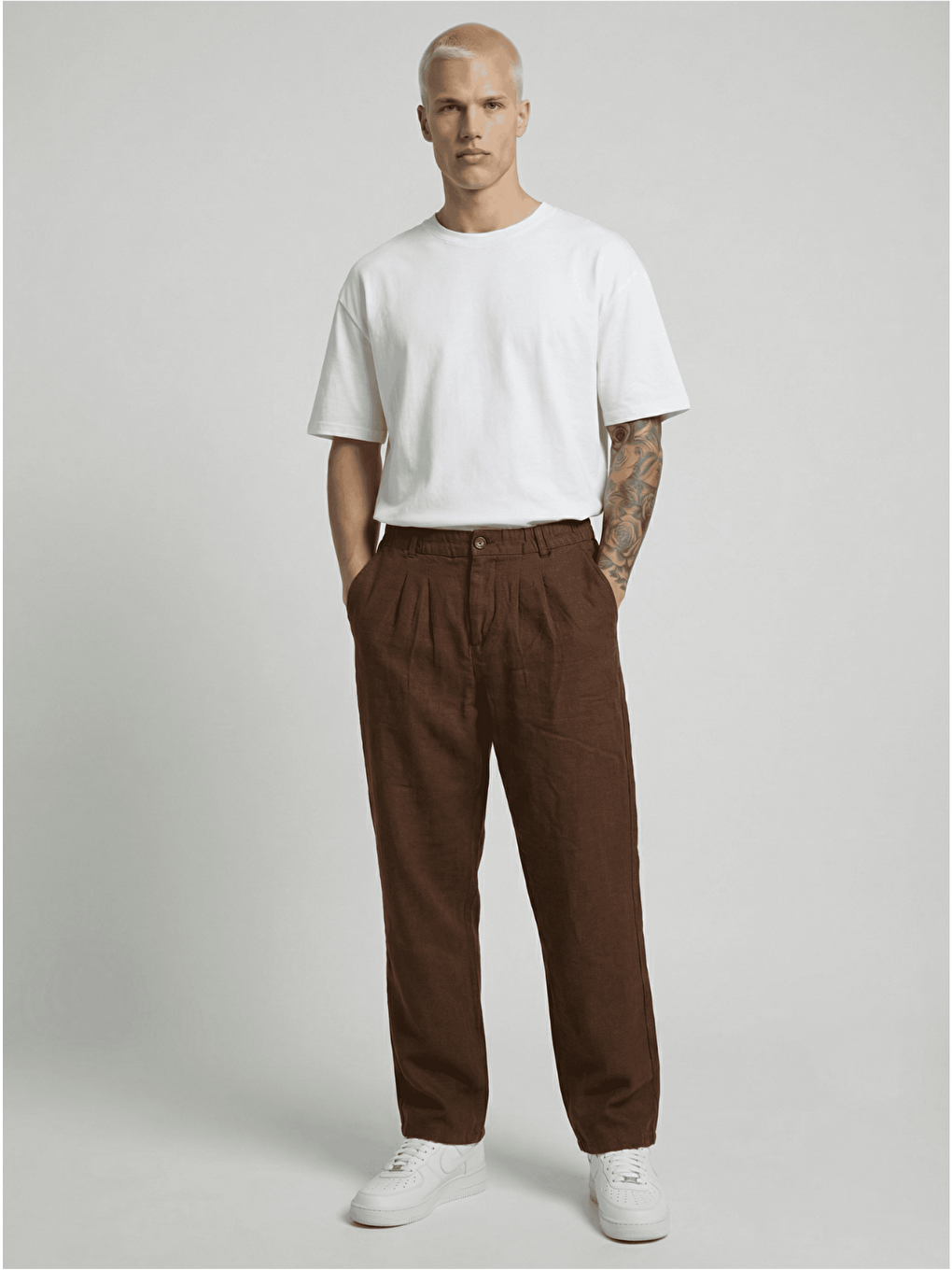 Erkek Beli Lastikli Rahat Kesim Keten Pantolon Kahverengi