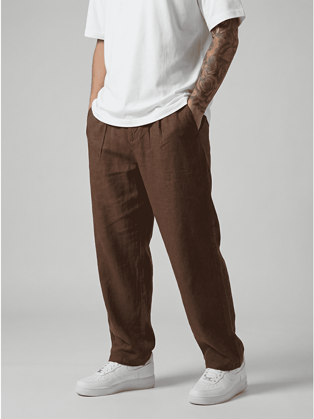 Erkek Beli Lastikli Rahat Kesim Keten Pantolon Kahverengi-1