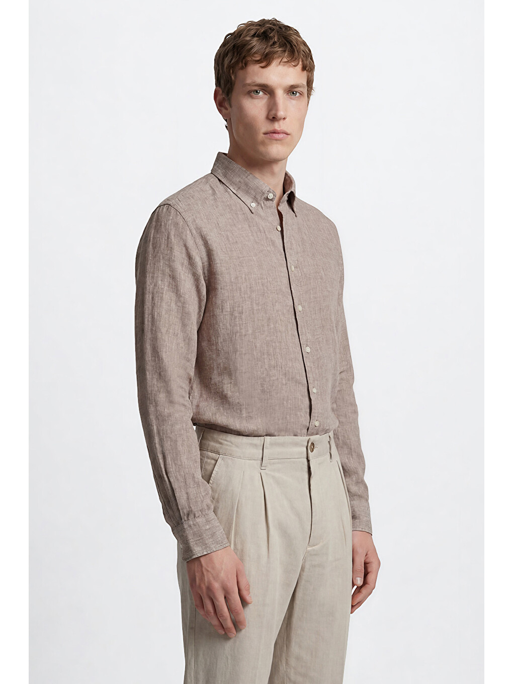 Erkek Kahverengi %100 Keten Comfort Fit Rahat Kesim Düğmeli Yaka Gömlek-3