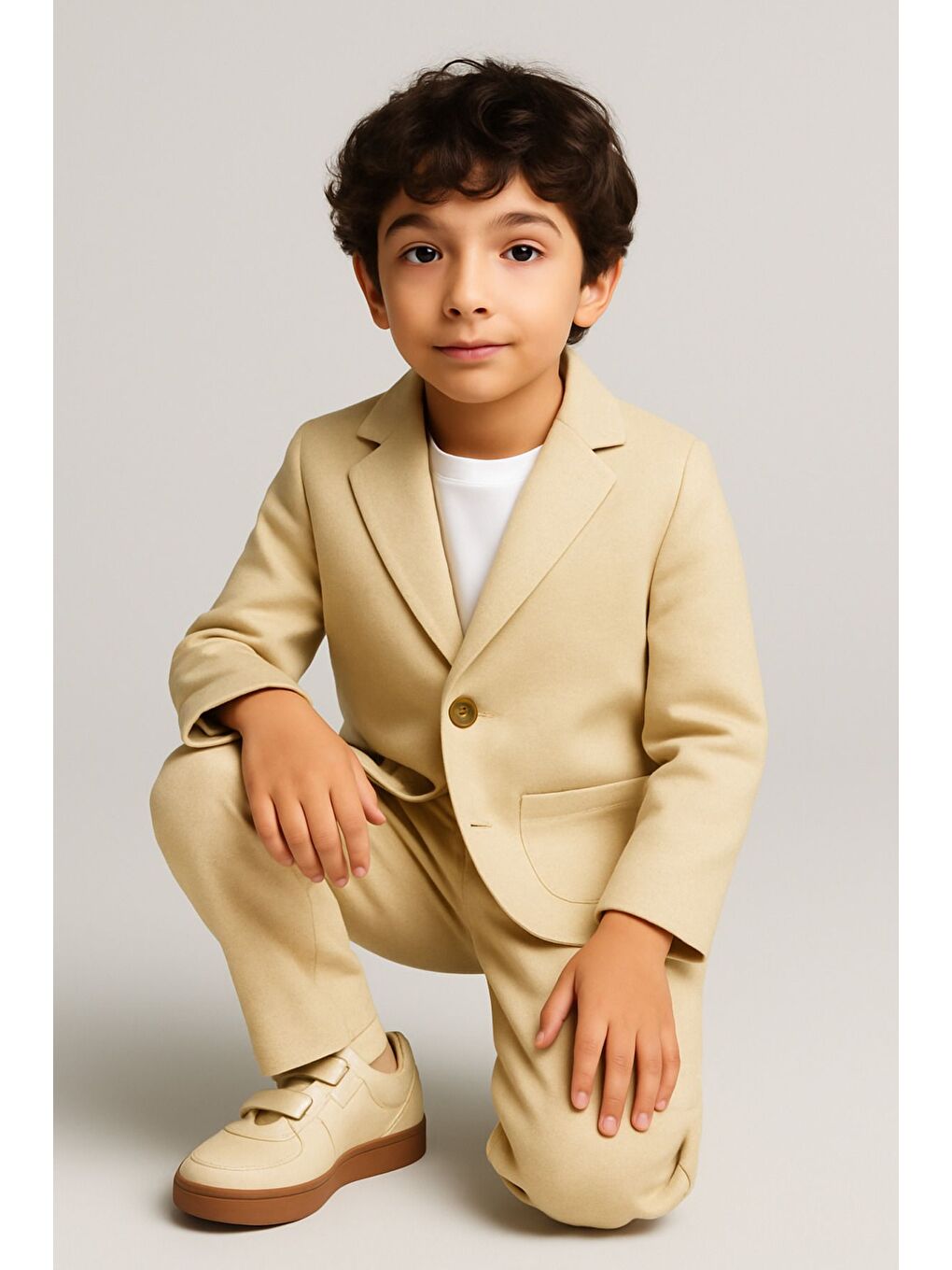 Bej Keten Kumaş Erkek Çocuk Takım 3'lü Set Spor - Özel Takım 2-6 Yaş-2