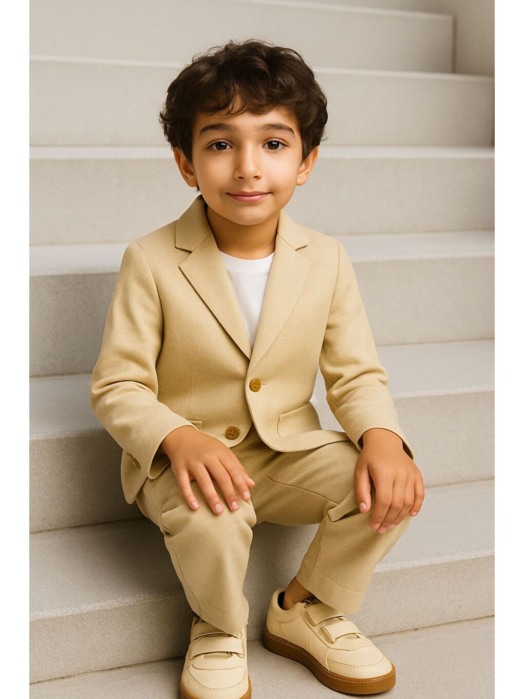Bej Keten Kumaş Erkek Çocuk Takım 3'lü Set Spor - Özel Takım 2-6 Yaş-3