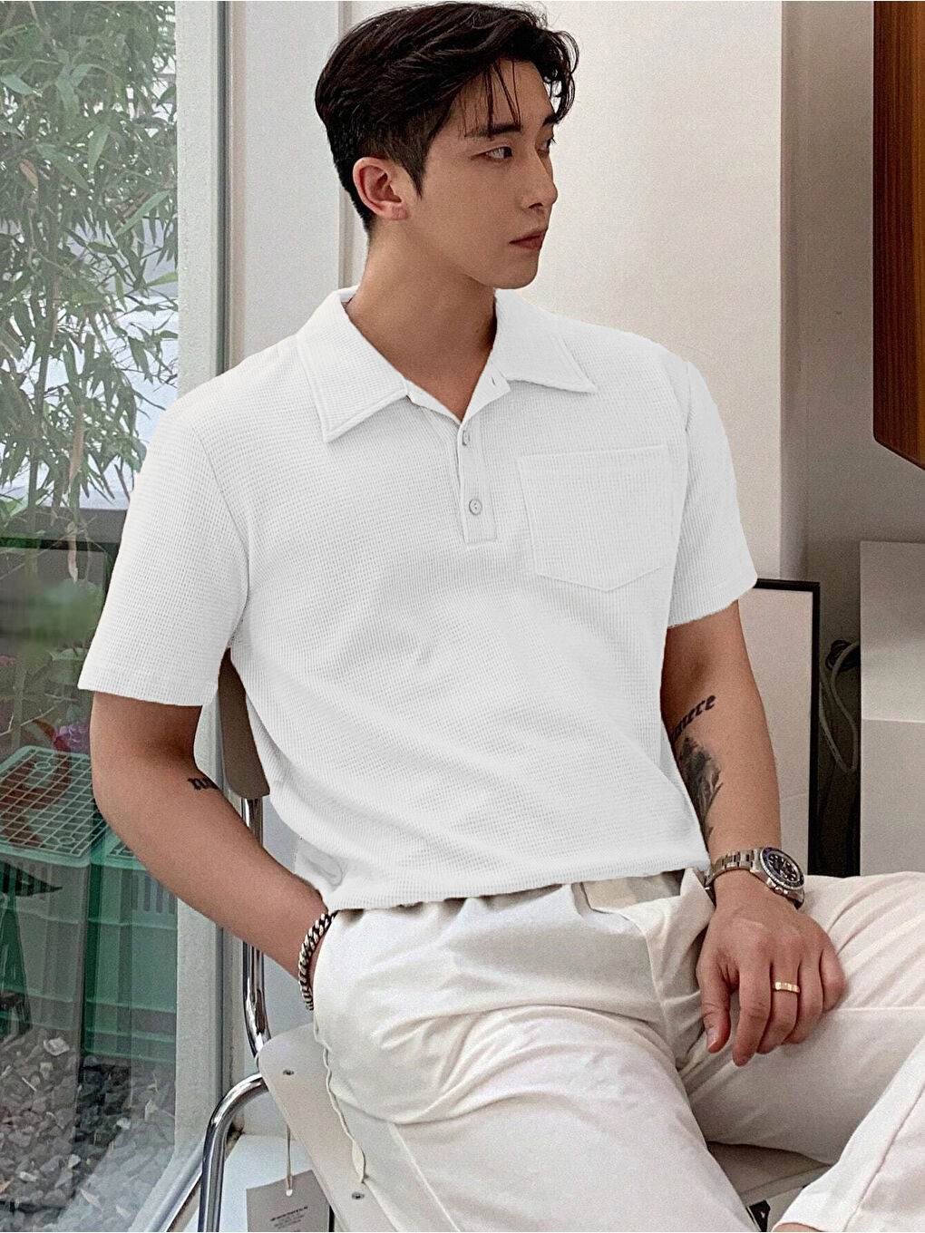 Beyaz Erkek Oversize Polo Yaka Waffle T-Shirt Poloyaka-Düğmeli-3