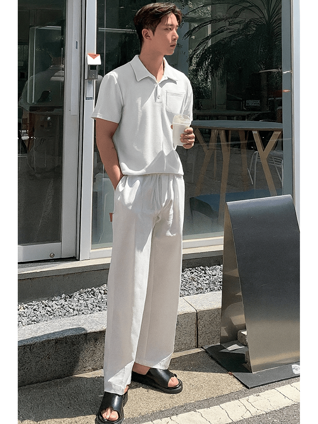 Beyaz Erkek Oversize Polo Yaka Waffle T-Shirt Poloyaka-Düğmeli-4