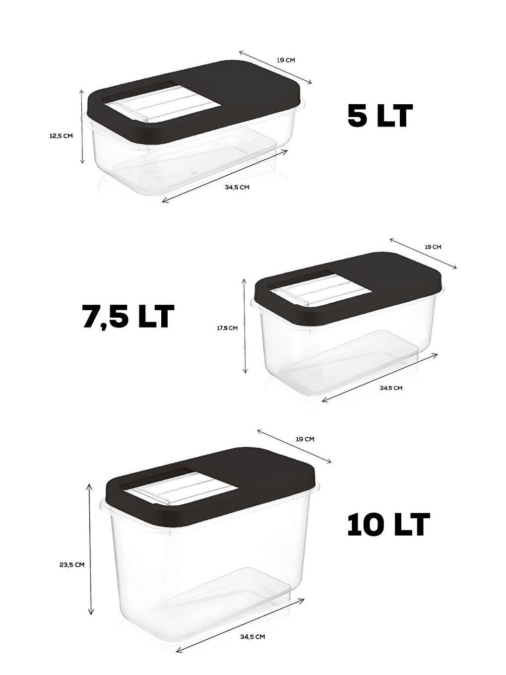 Meleni Home Antrasit 9'lu Bakliyat Saklama Kabı - Kayar Kapaklı Erzak Saklama Kabı Un Kabı Antrasit 3x(5 Lt-7,5 Lt-10 Lt)