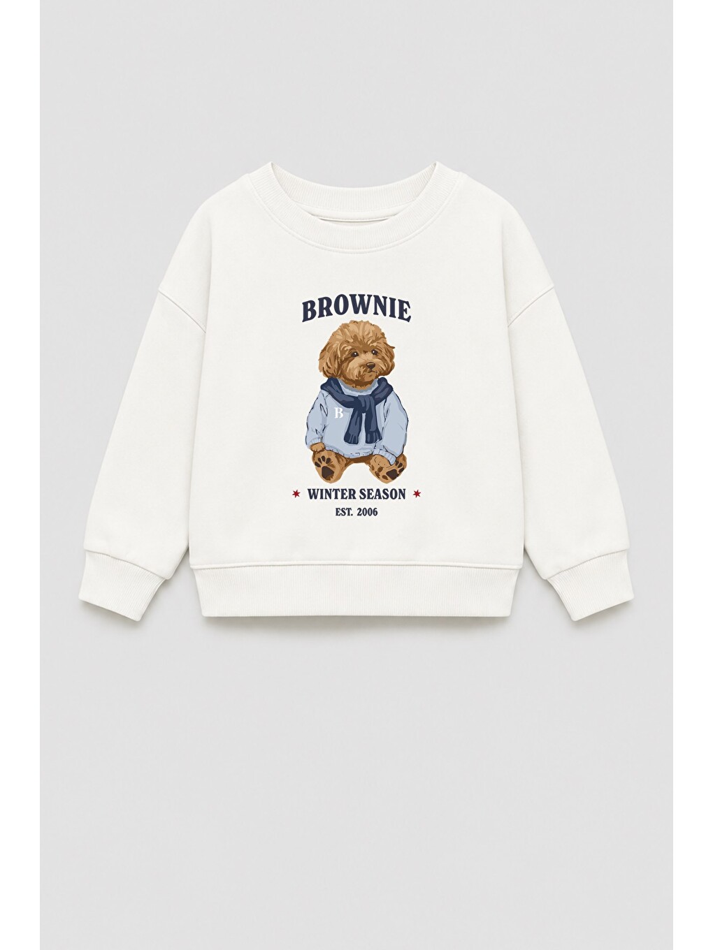 Ekru Erkek Çocuk 3 İplik Kumaş Ayıcık Baskılı Pamuklu Sweatshirt