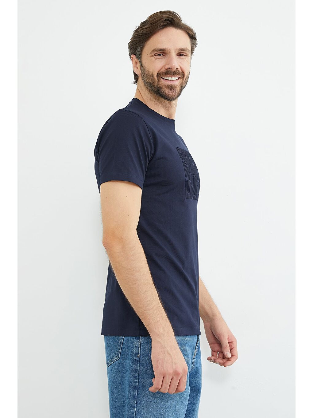 Lacivert Kabartma Baskılı Bisiklet Yaka Tişört-3