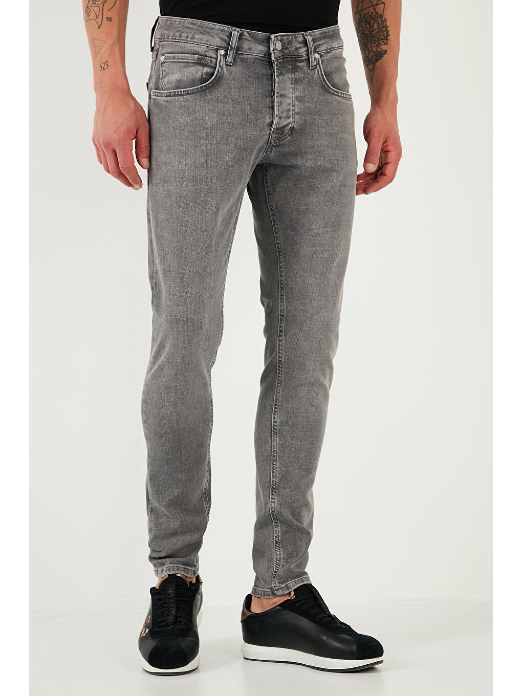 Gri Streç Pamuklu Slim Fit Normal Bel Dar Paça Jeans 1124S59NAPOLI-1