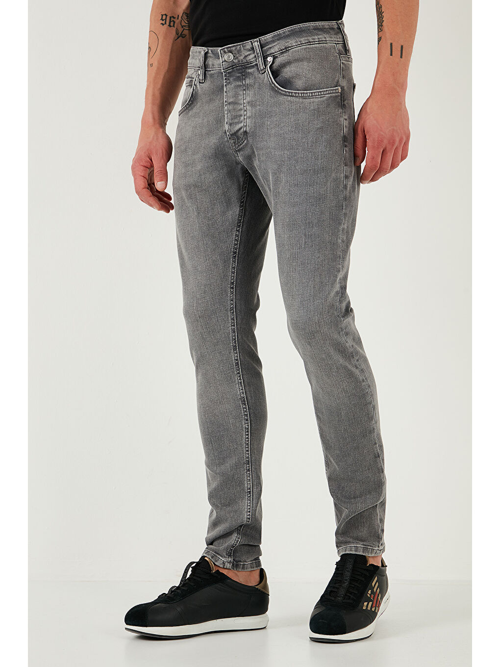Gri Streç Pamuklu Slim Fit Normal Bel Dar Paça Jeans 1124S59NAPOLI-2