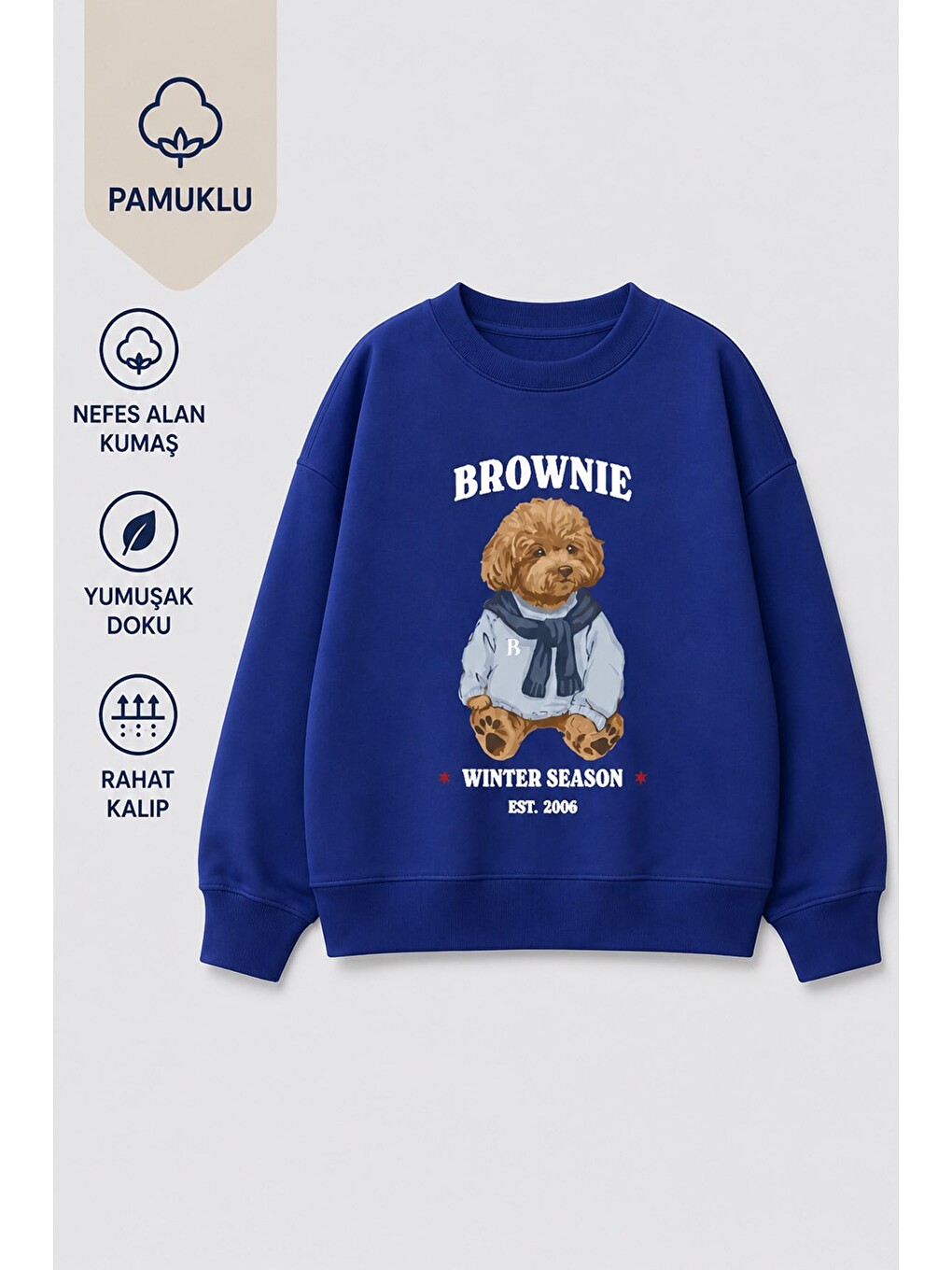 Lacivert Erkek Çocuk 3 İplik Kumaş Ayıcık Baskılı Pamuklu Sweatshirt-1