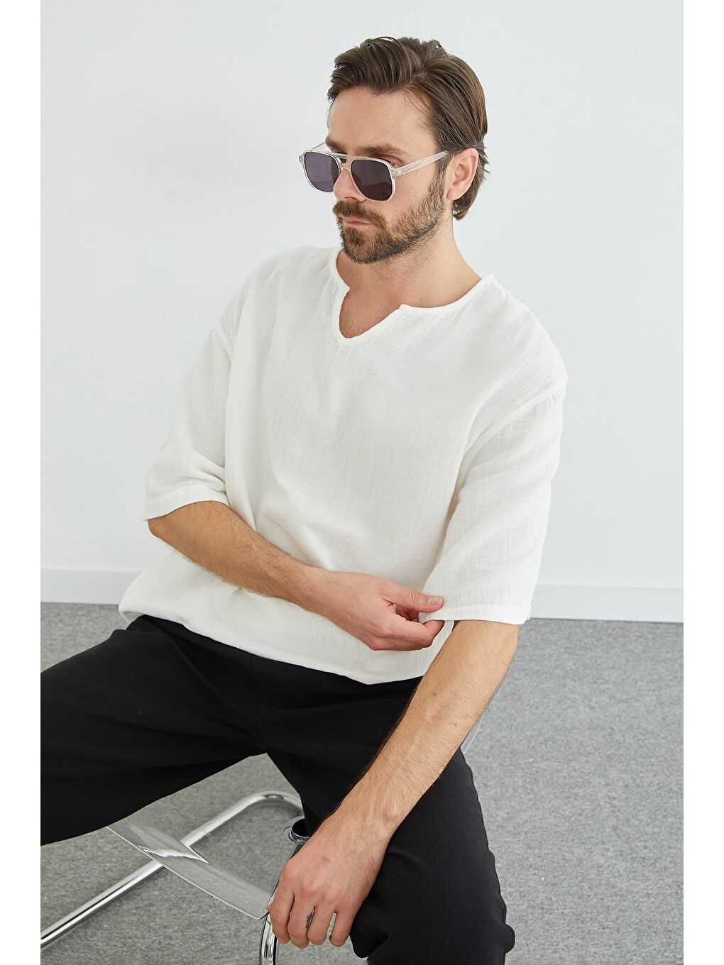 Ekru Basic Müslin Kumaş Salaş Tişört-2