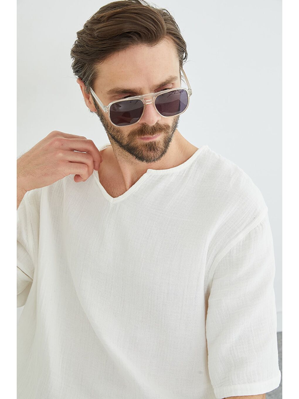 Ekru Basic Müslin Kumaş Salaş Tişört-3