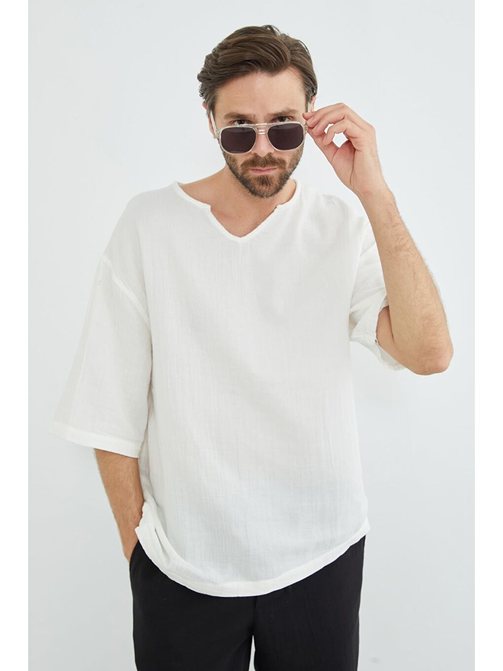 Ekru Basic Müslin Kumaş Salaş Tişört-4