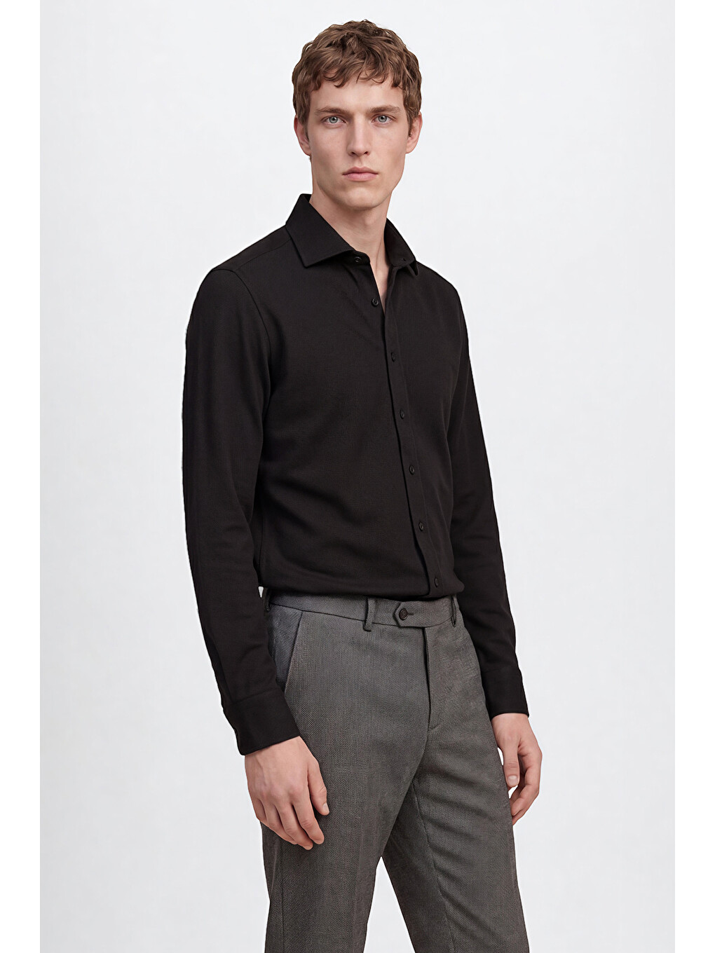 Erkek Siyah Pamuklu Slim Fit Dar Kesim Klasik Yaka Armürlü Gömlek-2
