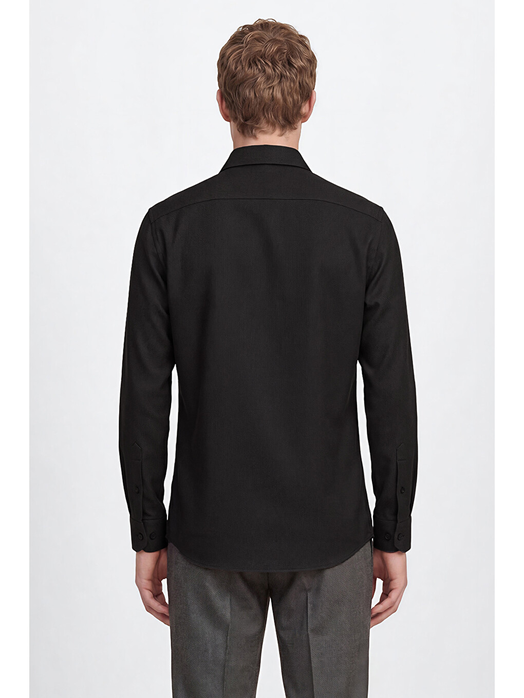 Erkek Siyah Pamuklu Slim Fit Dar Kesim Klasik Yaka Armürlü Gömlek-4