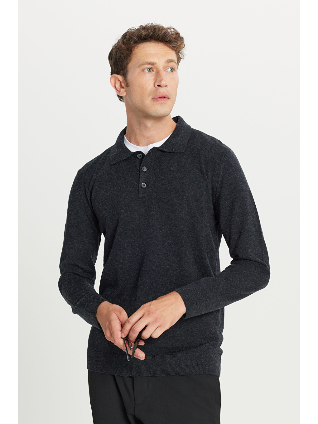 Erkek Antrasit-Melanj Yünlü Standart Fit Normal Kesim Polo Yaka Triko Kazak-2