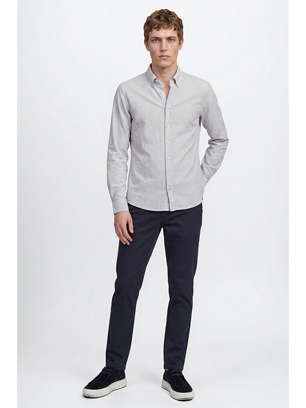 Bej Erkek Taş Tailored Slim Fit Dar Kesim Düğmeli Yaka Gofre Desenli Travel Gömlek-1