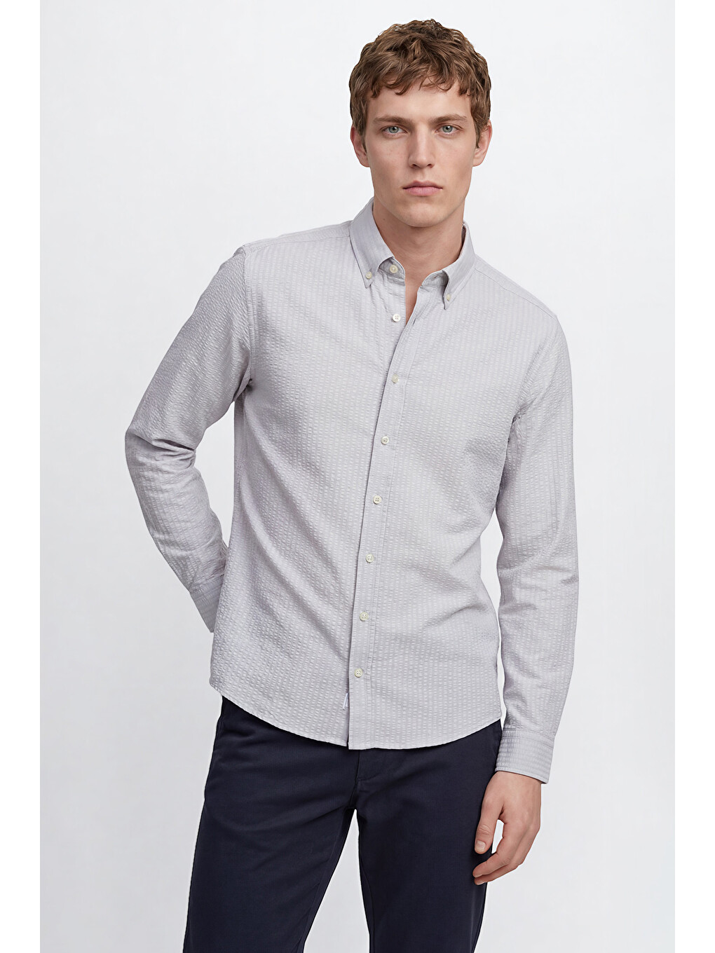 Bej Erkek Taş Tailored Slim Fit Dar Kesim Düğmeli Yaka Gofre Desenli Travel Gömlek-2