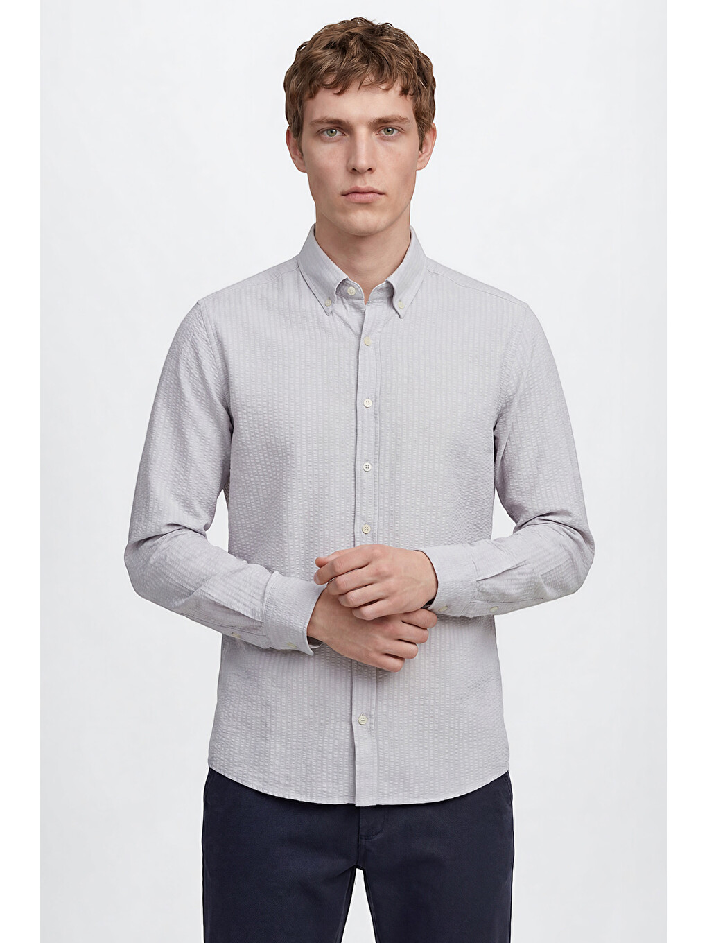 Bej Erkek Taş Tailored Slim Fit Dar Kesim Düğmeli Yaka Gofre Desenli Travel Gömlek-3