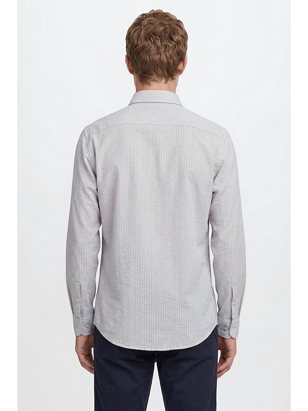 Bej Erkek Taş Tailored Slim Fit Dar Kesim Düğmeli Yaka Gofre Desenli Travel Gömlek-4