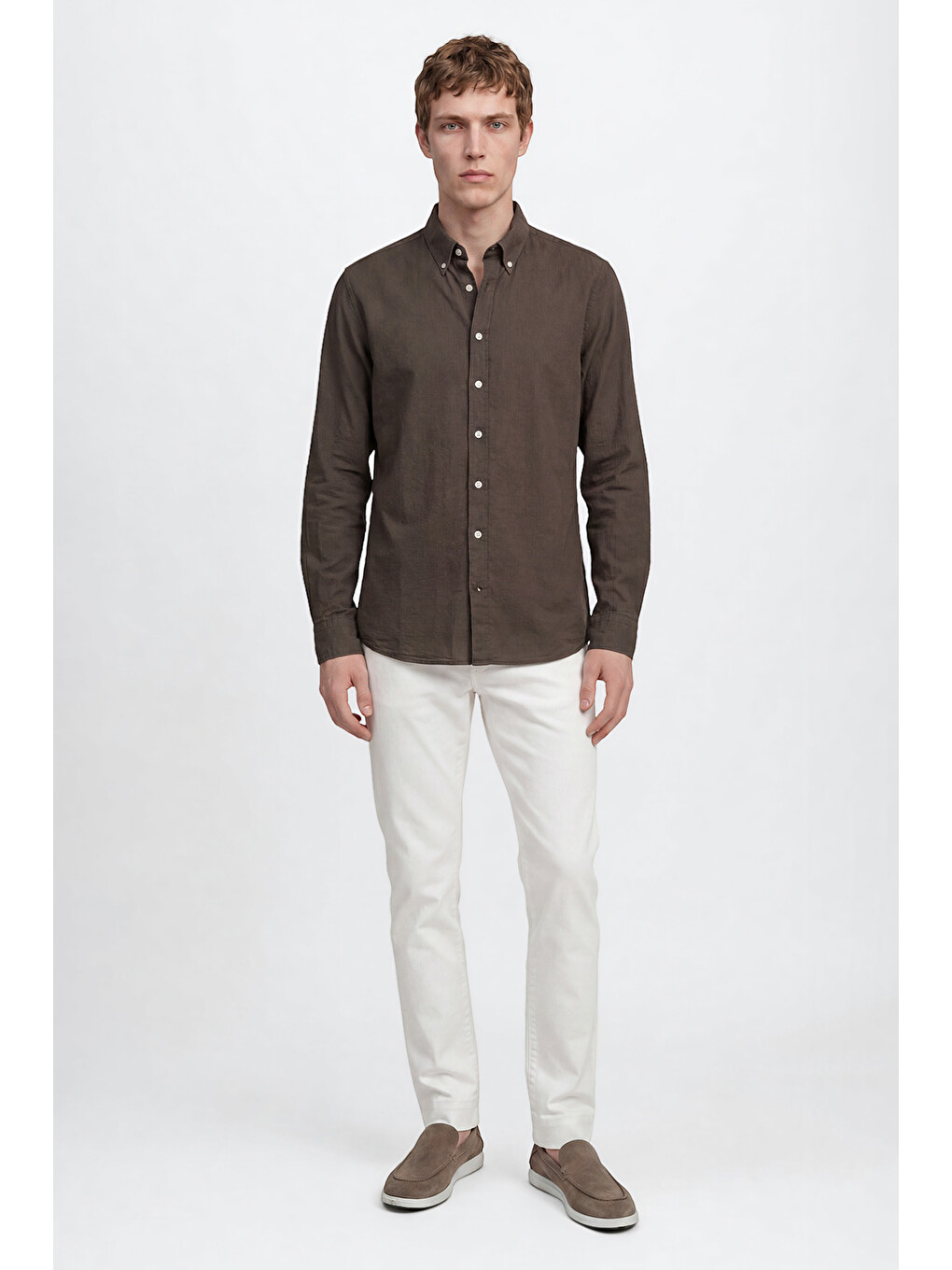 Erkek Haki %100 Pamuk Slim Fit Dar Kesim Düğmeli Yaka Gofre Desenli Gömlek-1