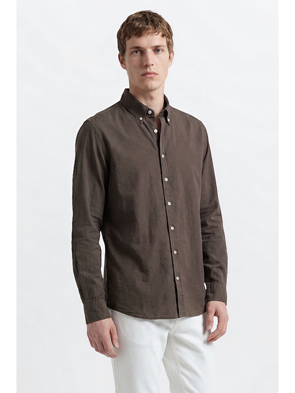 Erkek Haki %100 Pamuk Slim Fit Dar Kesim Düğmeli Yaka Gofre Desenli Gömlek-2