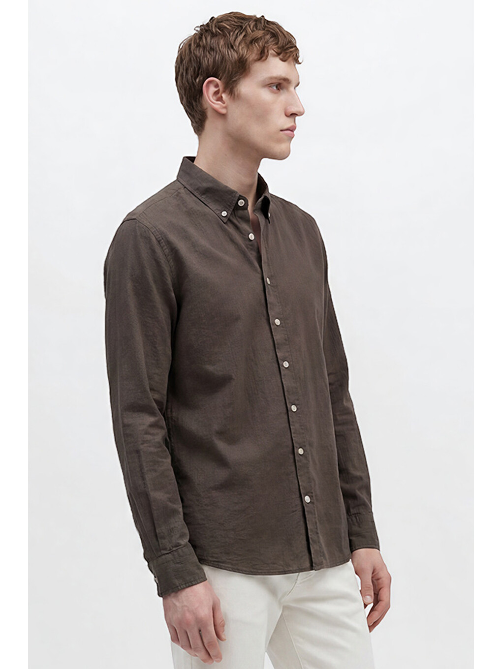 Erkek Haki %100 Pamuk Slim Fit Dar Kesim Düğmeli Yaka Gofre Desenli Gömlek-3
