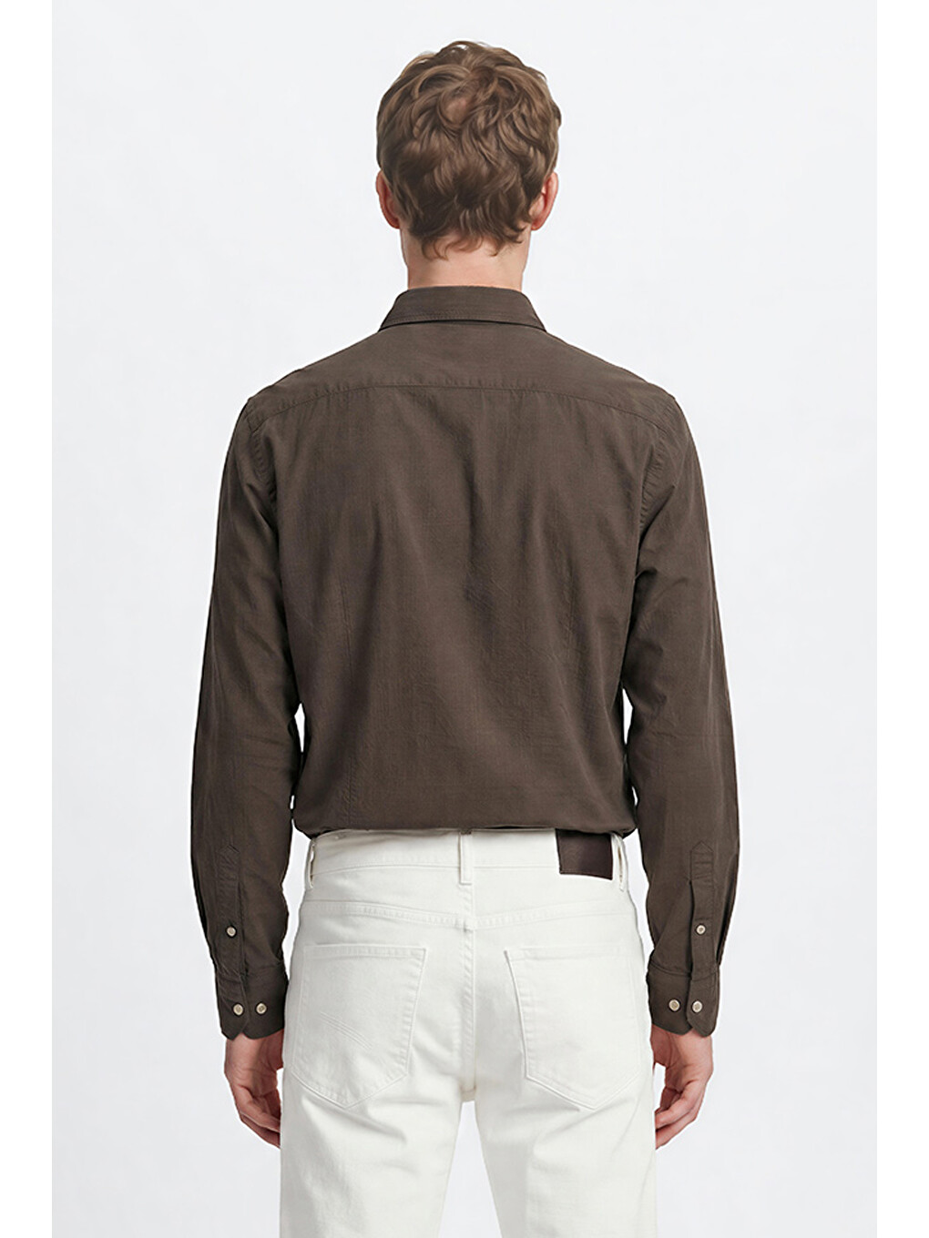 Erkek Haki %100 Pamuk Slim Fit Dar Kesim Düğmeli Yaka Gofre Desenli Gömlek-4