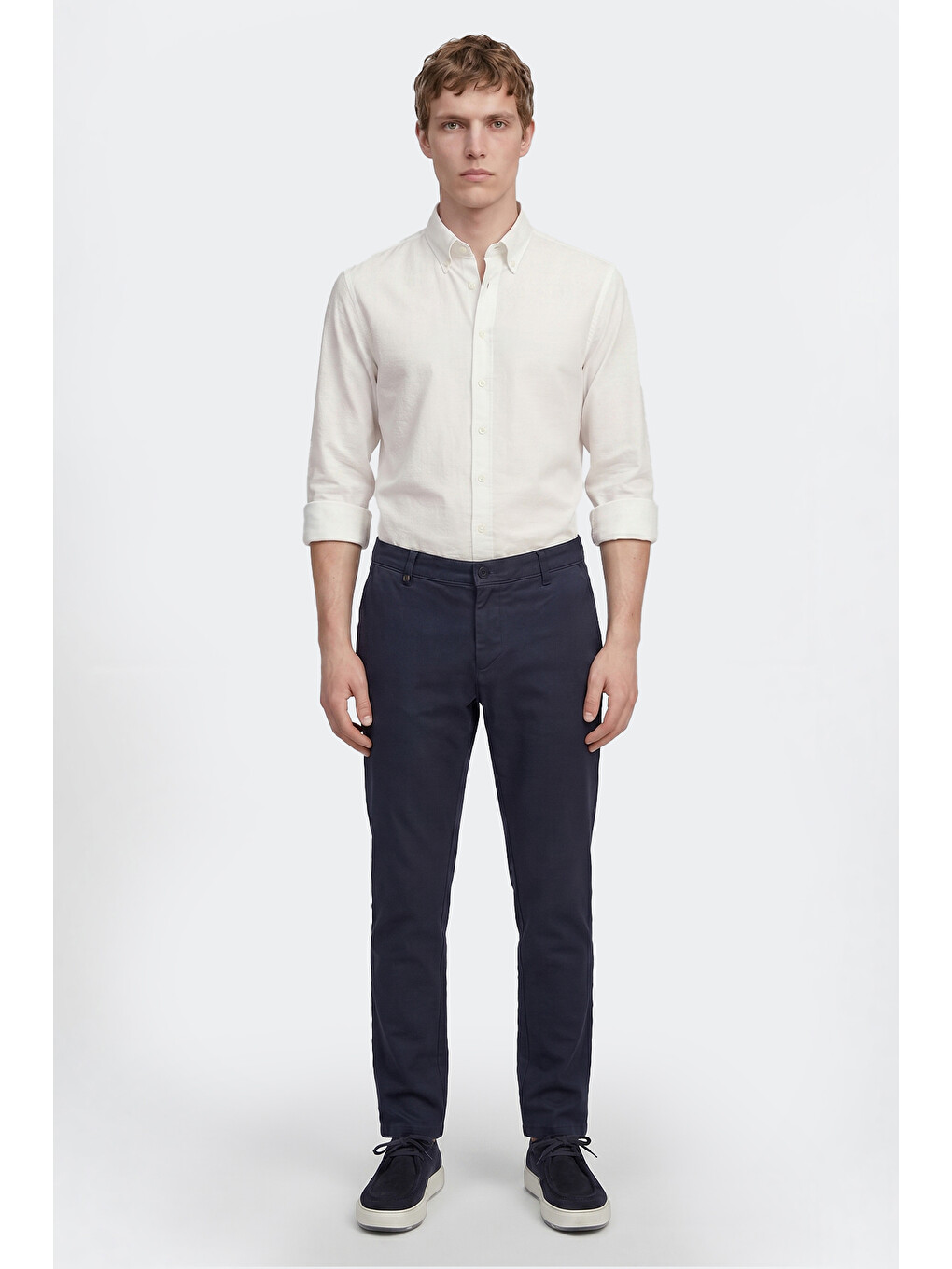 Erkek Lacivert Pamuklu Slim Fit Dar Kesim Armürlü Yan Cepli Casual Esnek Pantolon