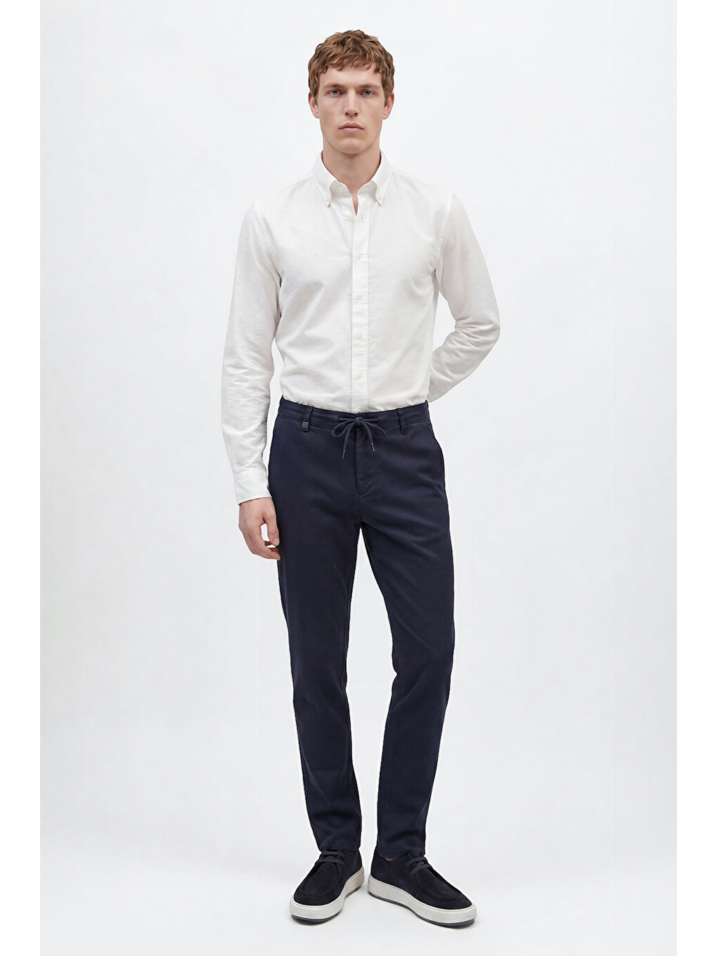 Erkek Lacivert Pamuklu Slim Fit Dar Kesim Armürlü Yan Cepli Casual Esnek Pantolon-2