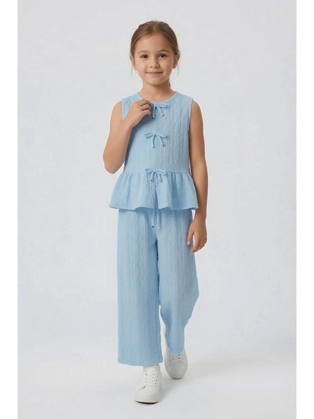 Mavi Sıfır Kol Fiyonklu Bluz Geniş Paça Pantolonlu Kız Çocuk 2li Takım 24713-1