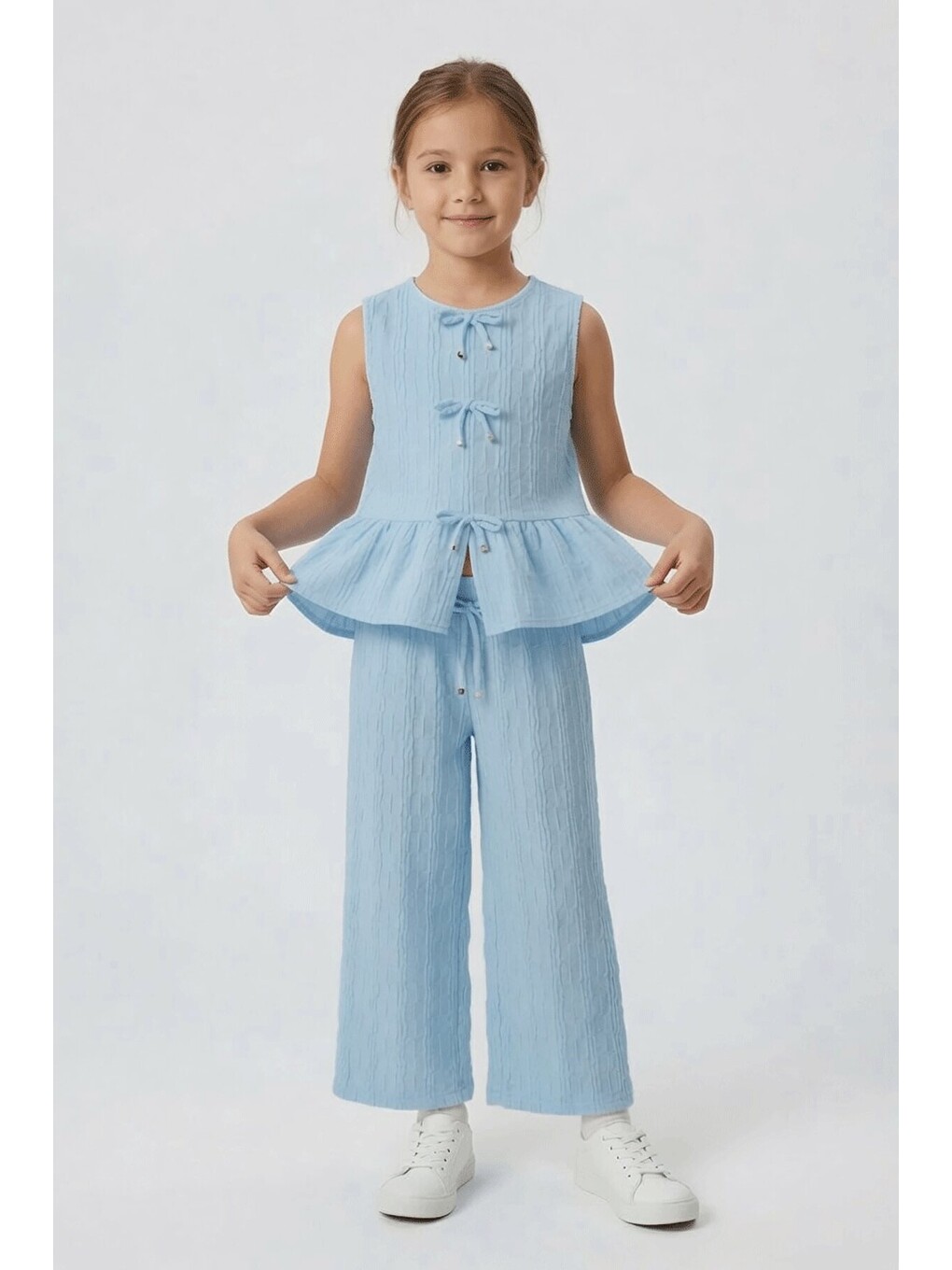 Mavi Sıfır Kol Fiyonklu Bluz Geniş Paça Pantolonlu Kız Çocuk 2li Takım 24713-3