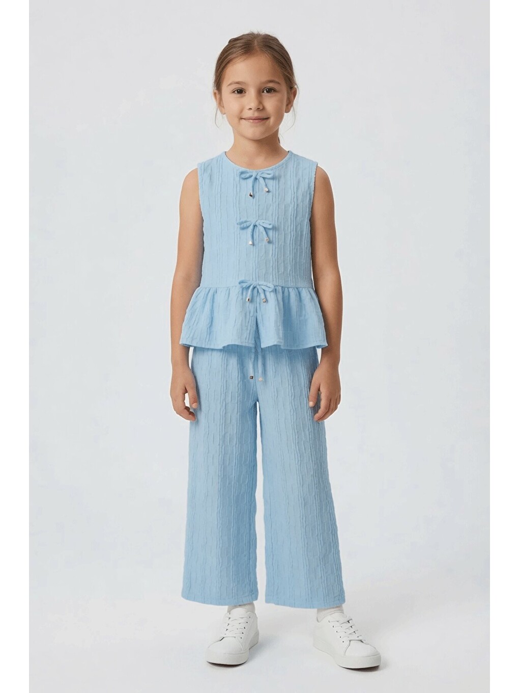 Mavi Sıfır Kol Fiyonklu Bluz Geniş Paça Pantolonlu Kız Çocuk 2li Takım 24713-4