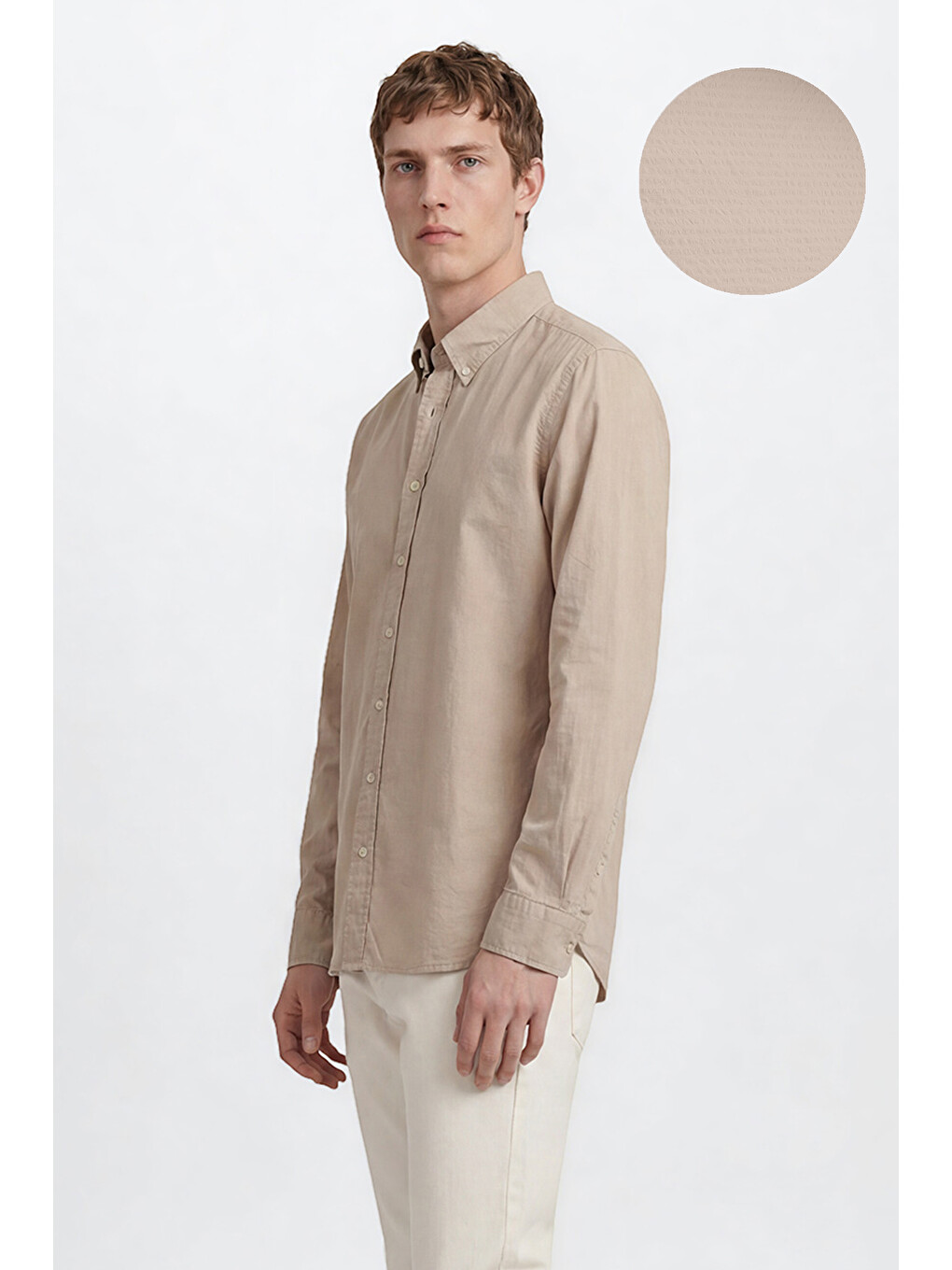 Erkek Bej %100 Pamuk Slim Fit Dar Kesim Düğmeli Yaka Gofre Desenli Gömlek