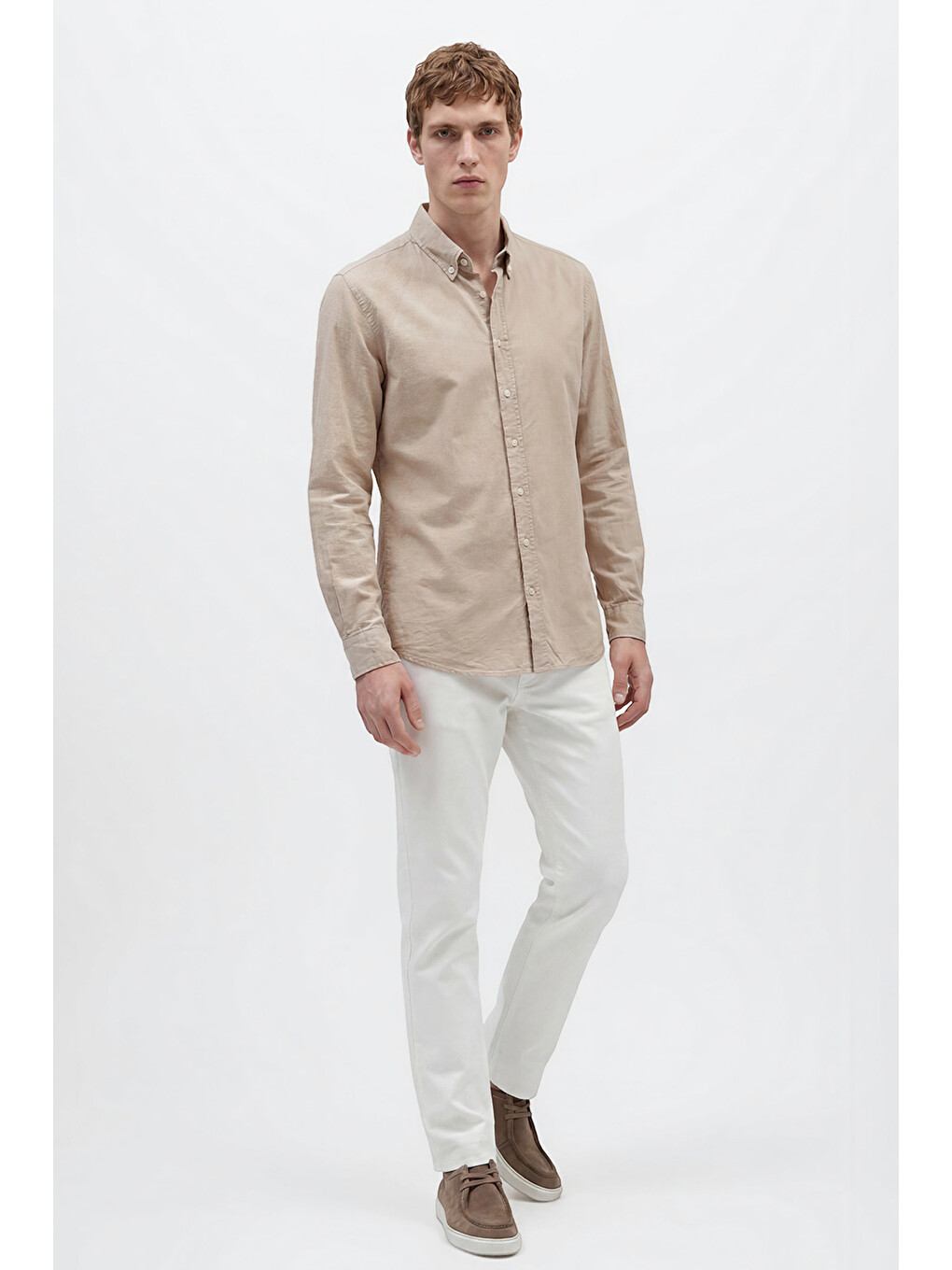 Erkek Bej %100 Pamuk Slim Fit Dar Kesim Düğmeli Yaka Gofre Desenli Gömlek-1