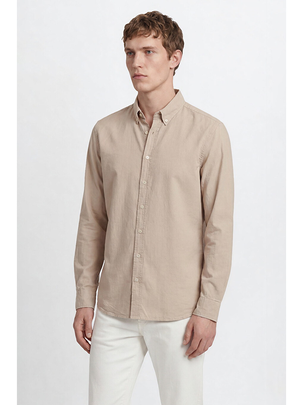 Erkek Bej %100 Pamuk Slim Fit Dar Kesim Düğmeli Yaka Gofre Desenli Gömlek-2