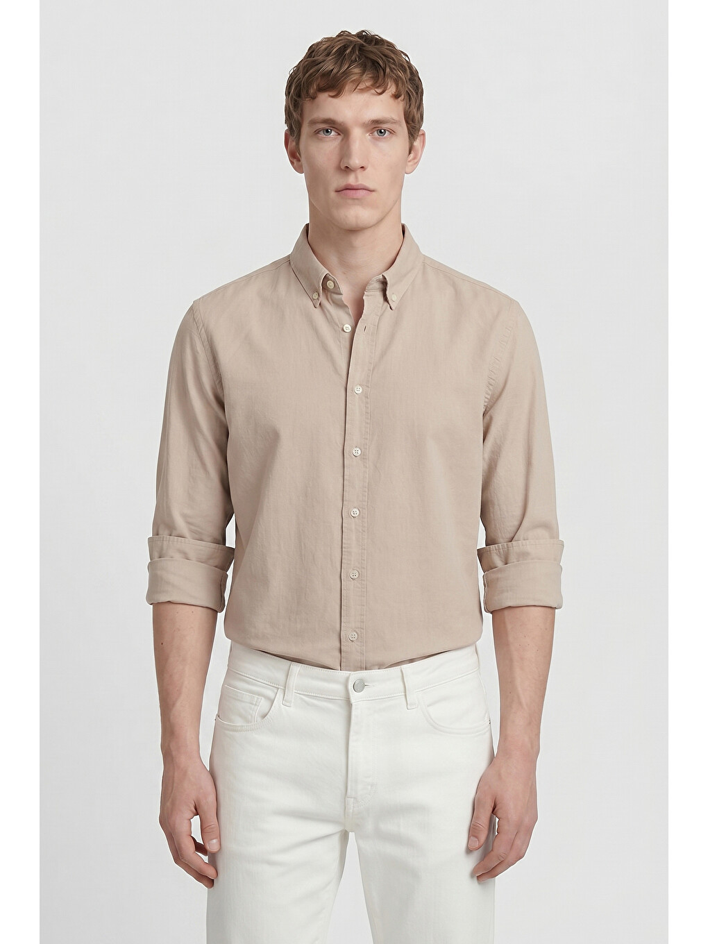 Erkek Bej %100 Pamuk Slim Fit Dar Kesim Düğmeli Yaka Gofre Desenli Gömlek-3