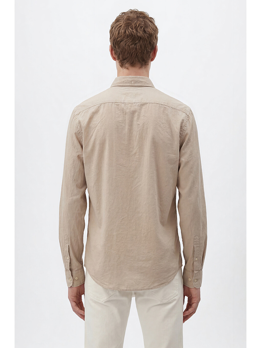 Erkek Bej %100 Pamuk Slim Fit Dar Kesim Düğmeli Yaka Gofre Desenli Gömlek-5