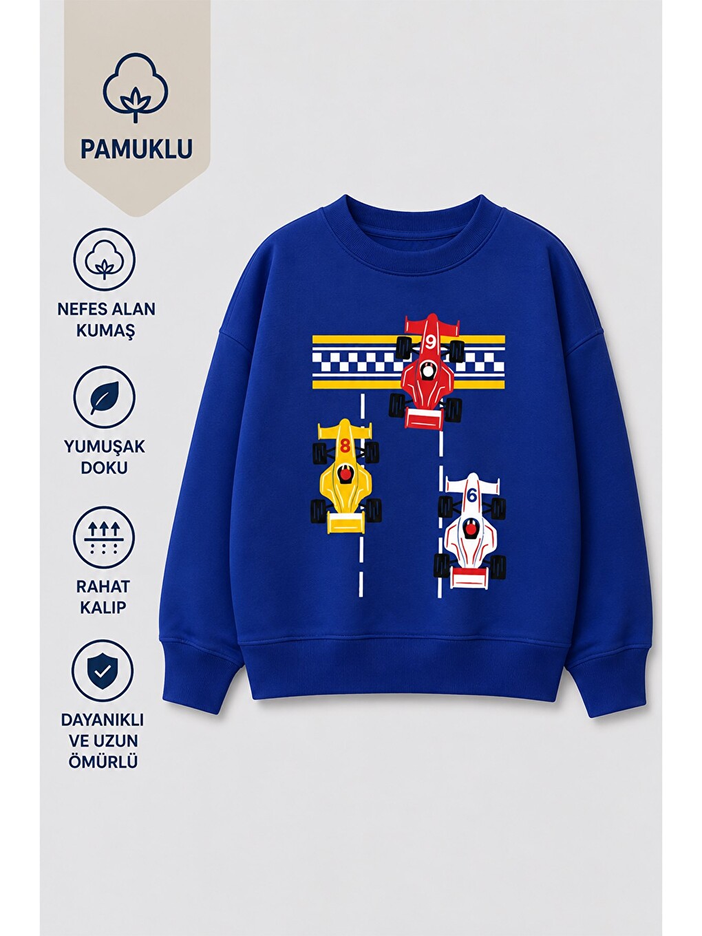 Lacivert Erkek Çocuk 3 İplik Kumaş Araba Baskılı Pamuklu Sweatshirt-1