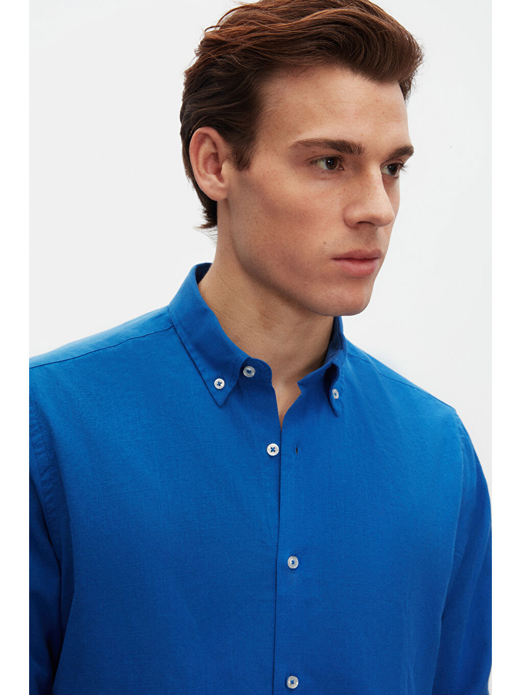 Comfort Saks Mavi Düğmeli Yaka Rahat Kesim Keten Görünümlü %100 Pamuk Gömlek-1