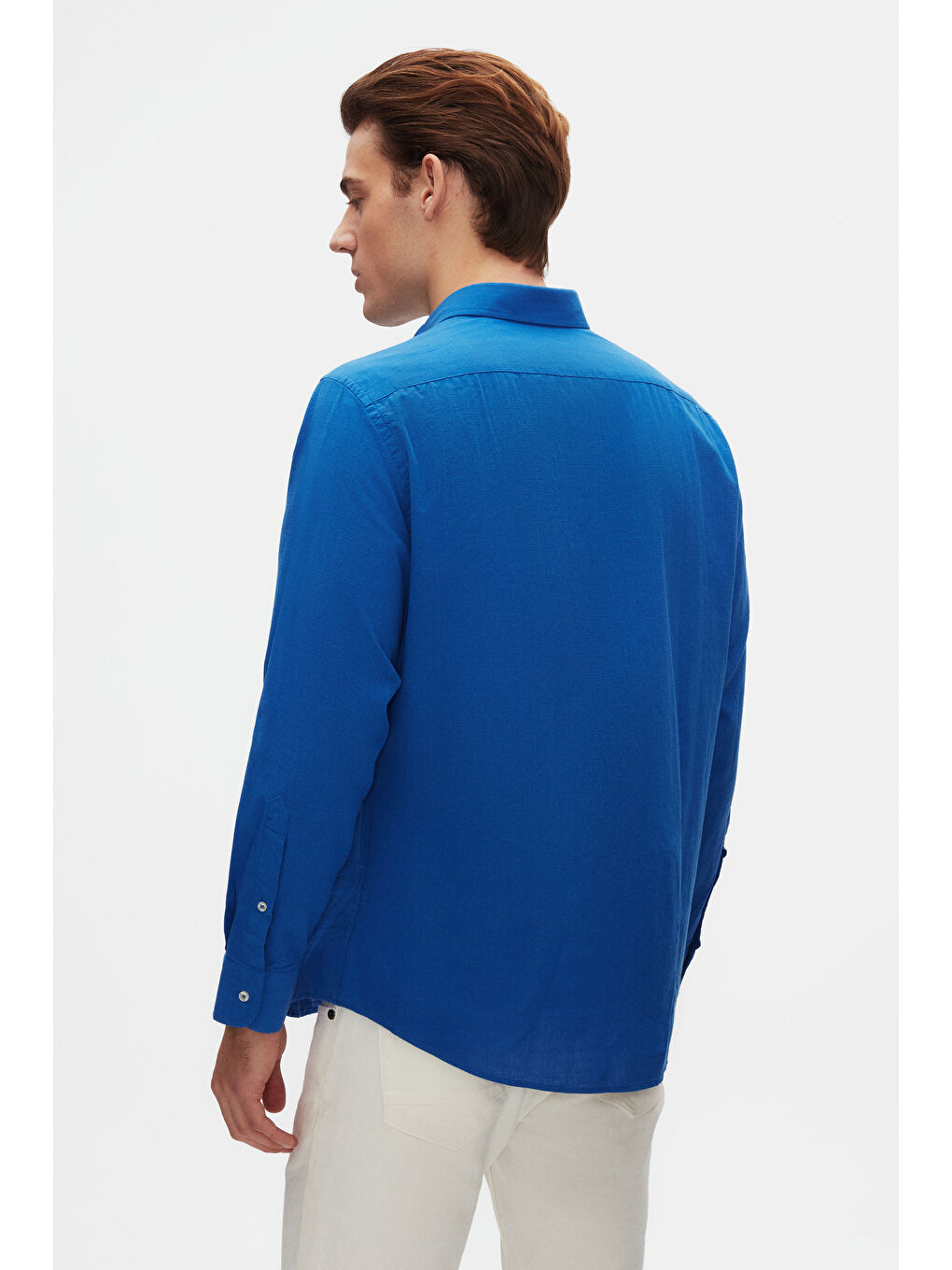 Comfort Saks Mavi Düğmeli Yaka Rahat Kesim Keten Görünümlü %100 Pamuk Gömlek-2