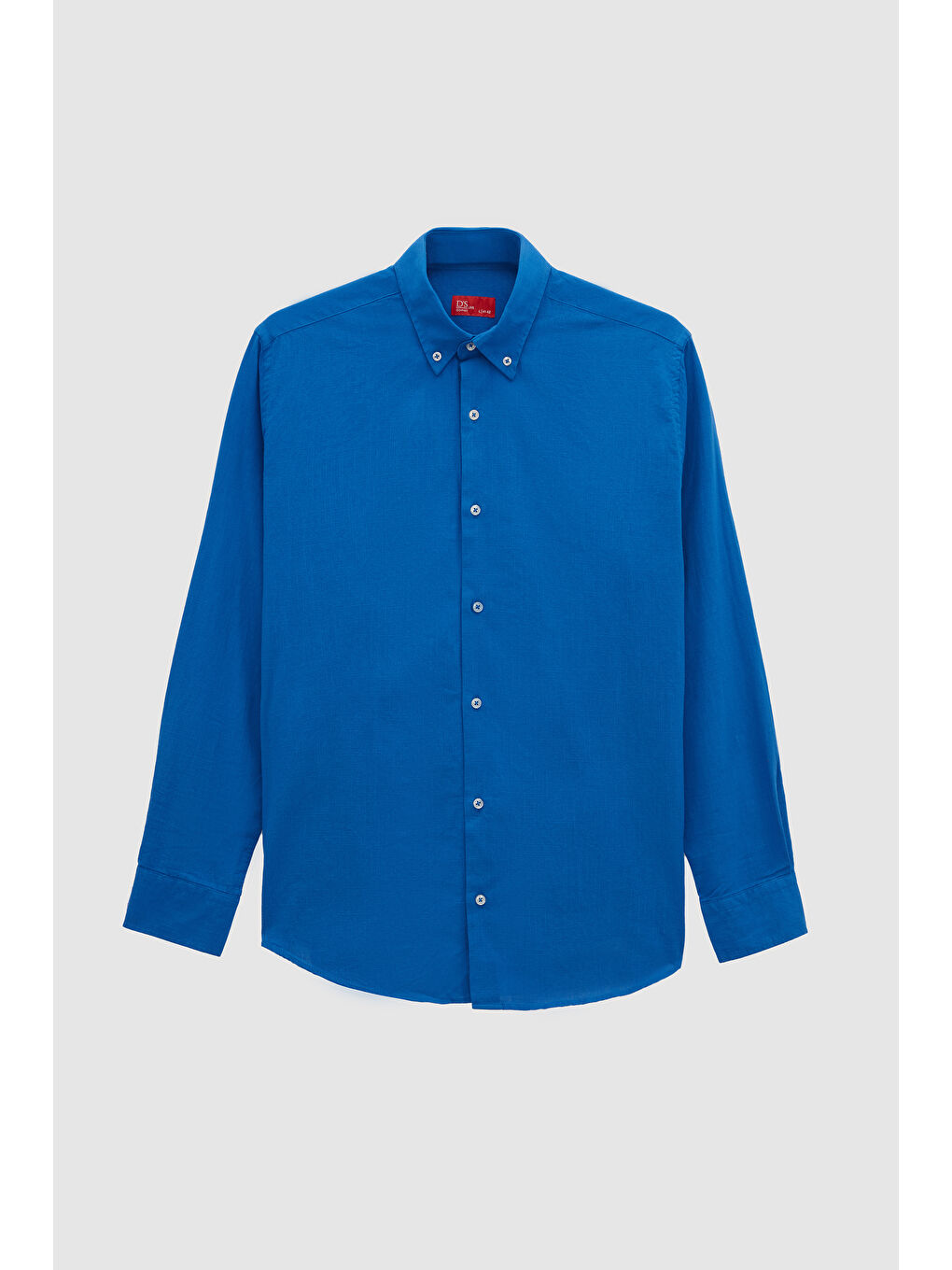 Comfort Saks Mavi Düğmeli Yaka Rahat Kesim Keten Görünümlü %100 Pamuk Gömlek-4