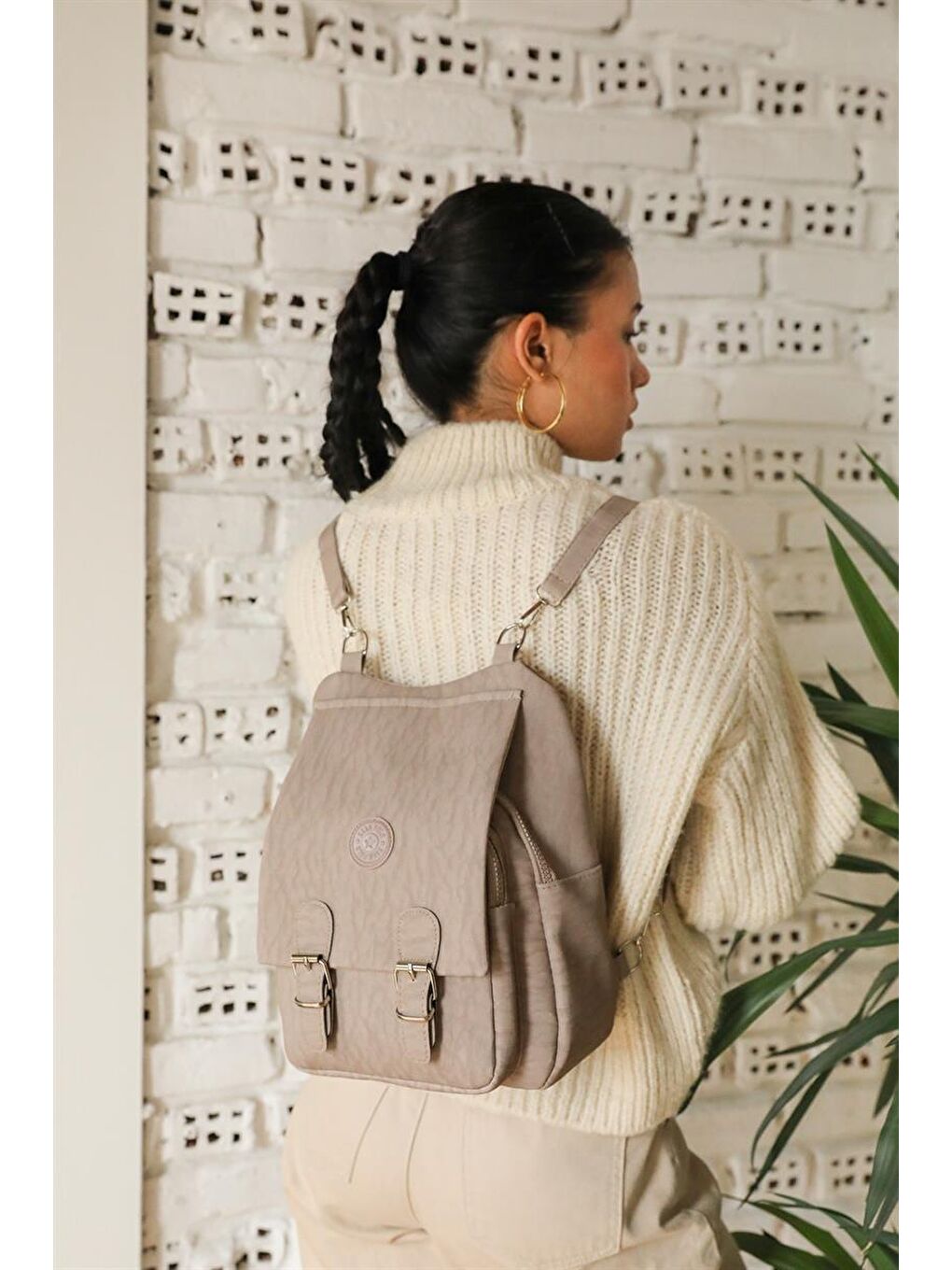 Bej Vizon Kadın Krinkıl Kumaş Okul El Ve Sırt Çantası-1