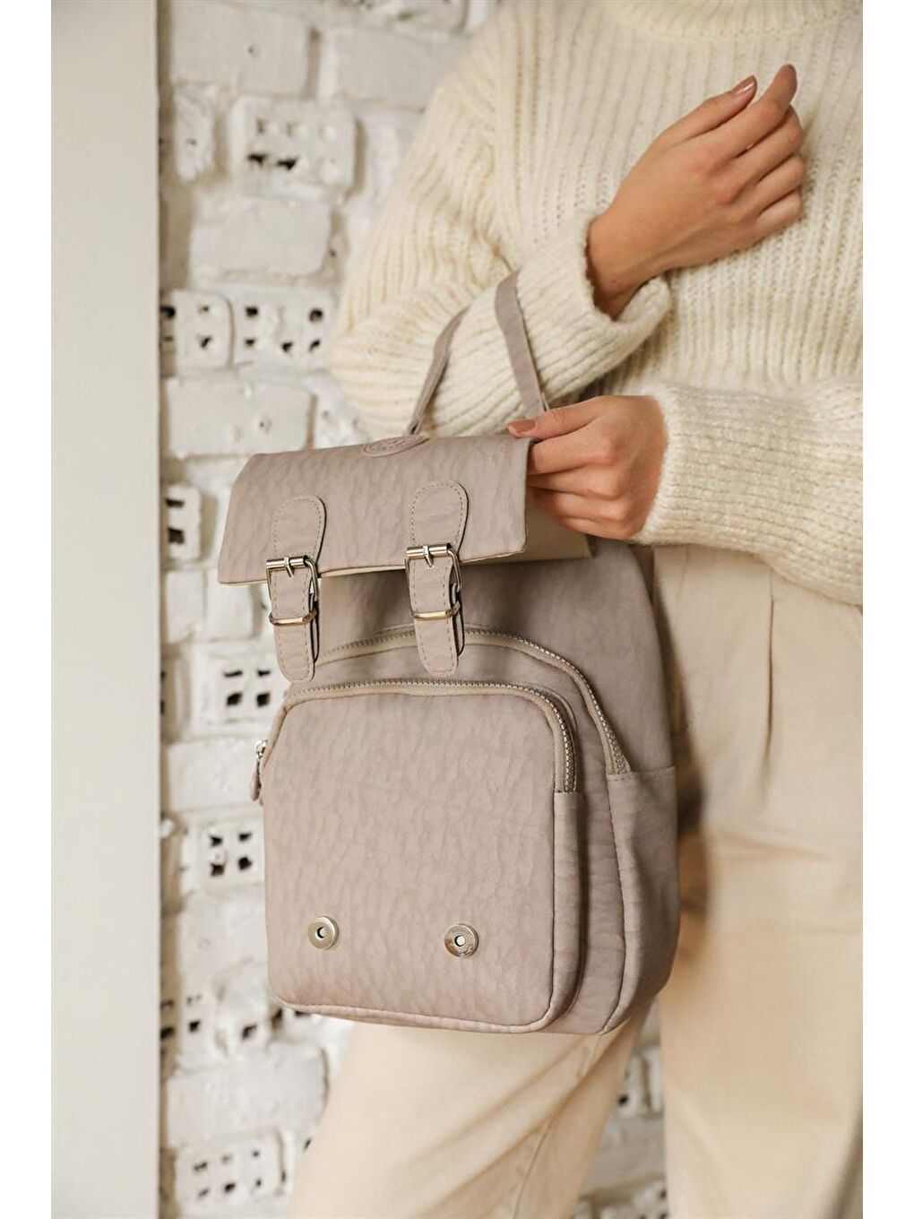 Bej Vizon Kadın Krinkıl Kumaş Okul El Ve Sırt Çantası-2