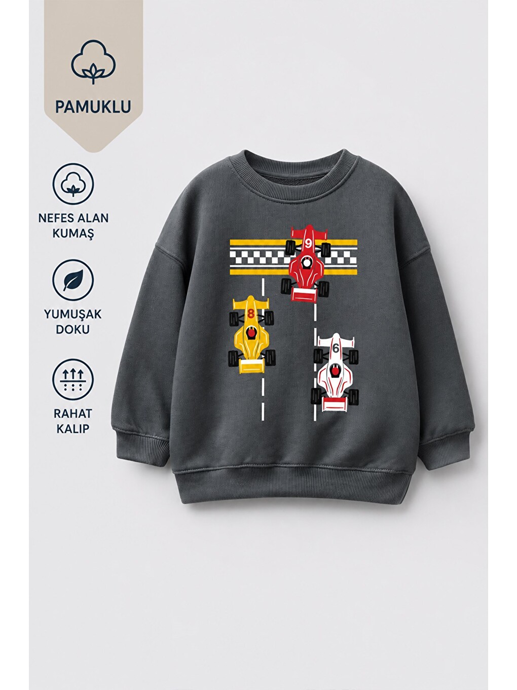 Antrasit Erkek Çocuk 3 İplik Kumaş Araba Baskılı Pamuklu Sweatshirt-1