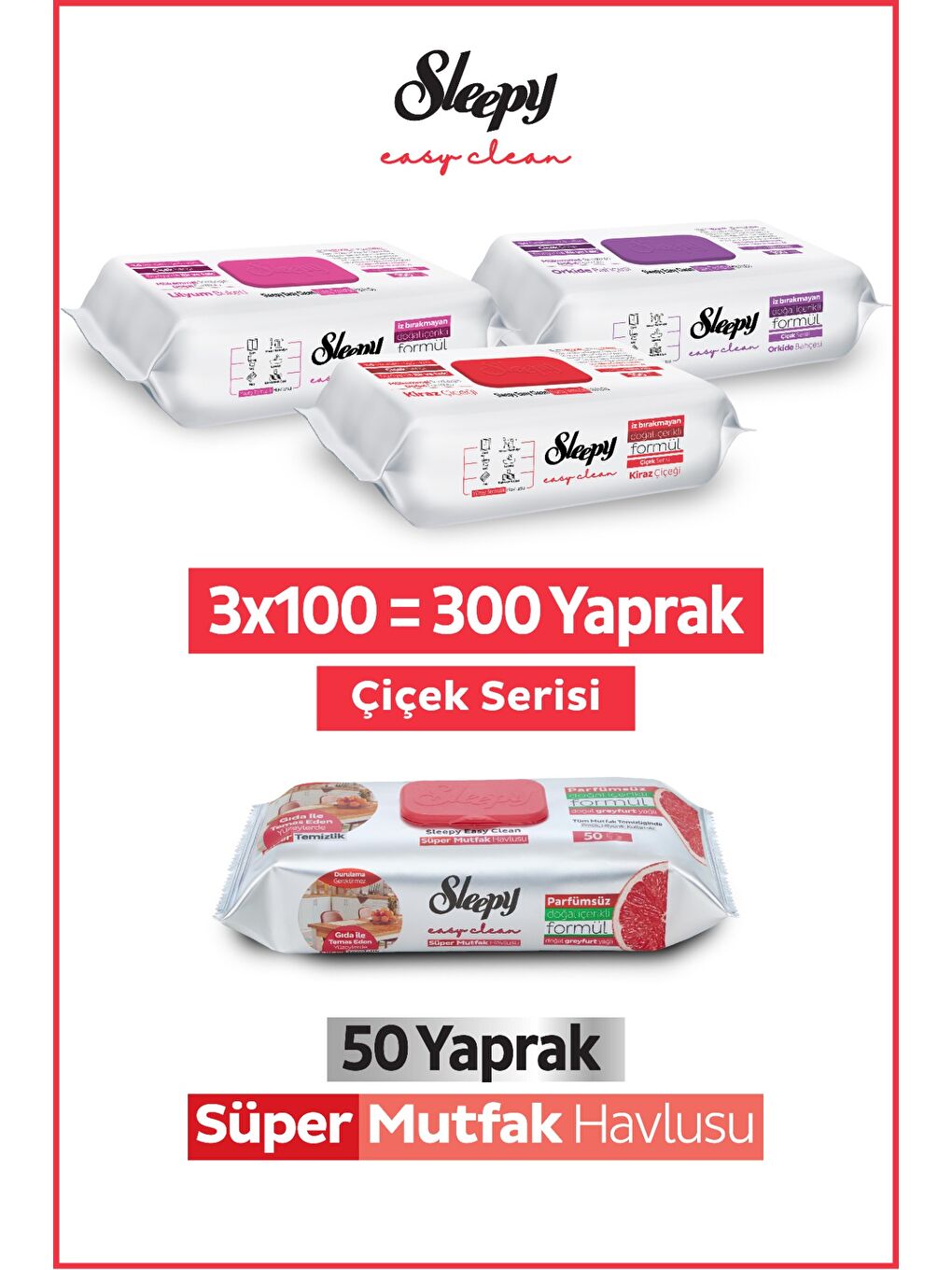 Easy Clean Çiçek Serisi&Greyfurt Yağlı Süper Mutfak Yüzey Temizlik Havlusu&Mendili(3x100+50)