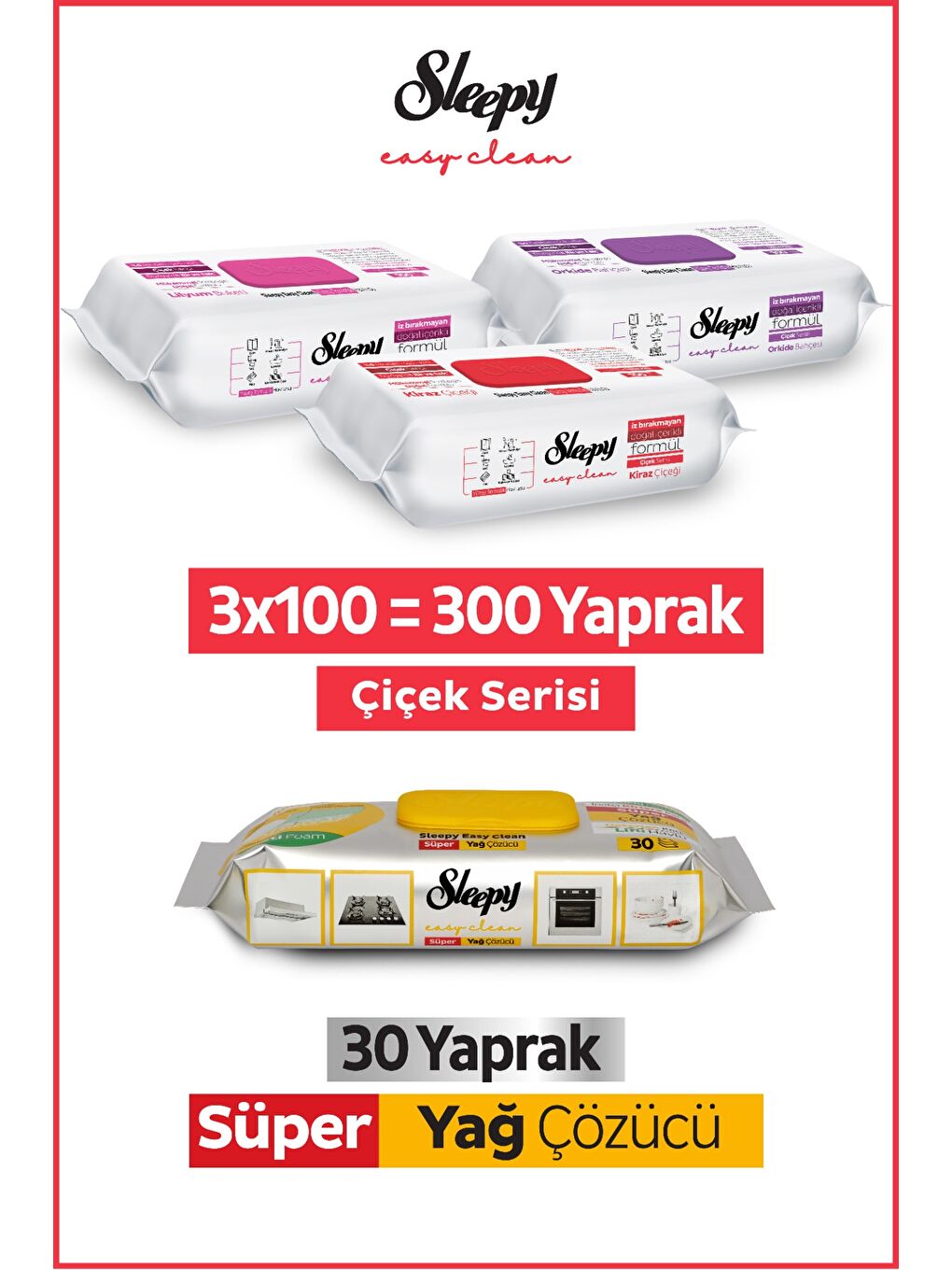 Easy Clean Çiçek Serisi&Süper Yağ Çözücü Yüzey Temizlik Havlusu&Mendili(3x100+30)