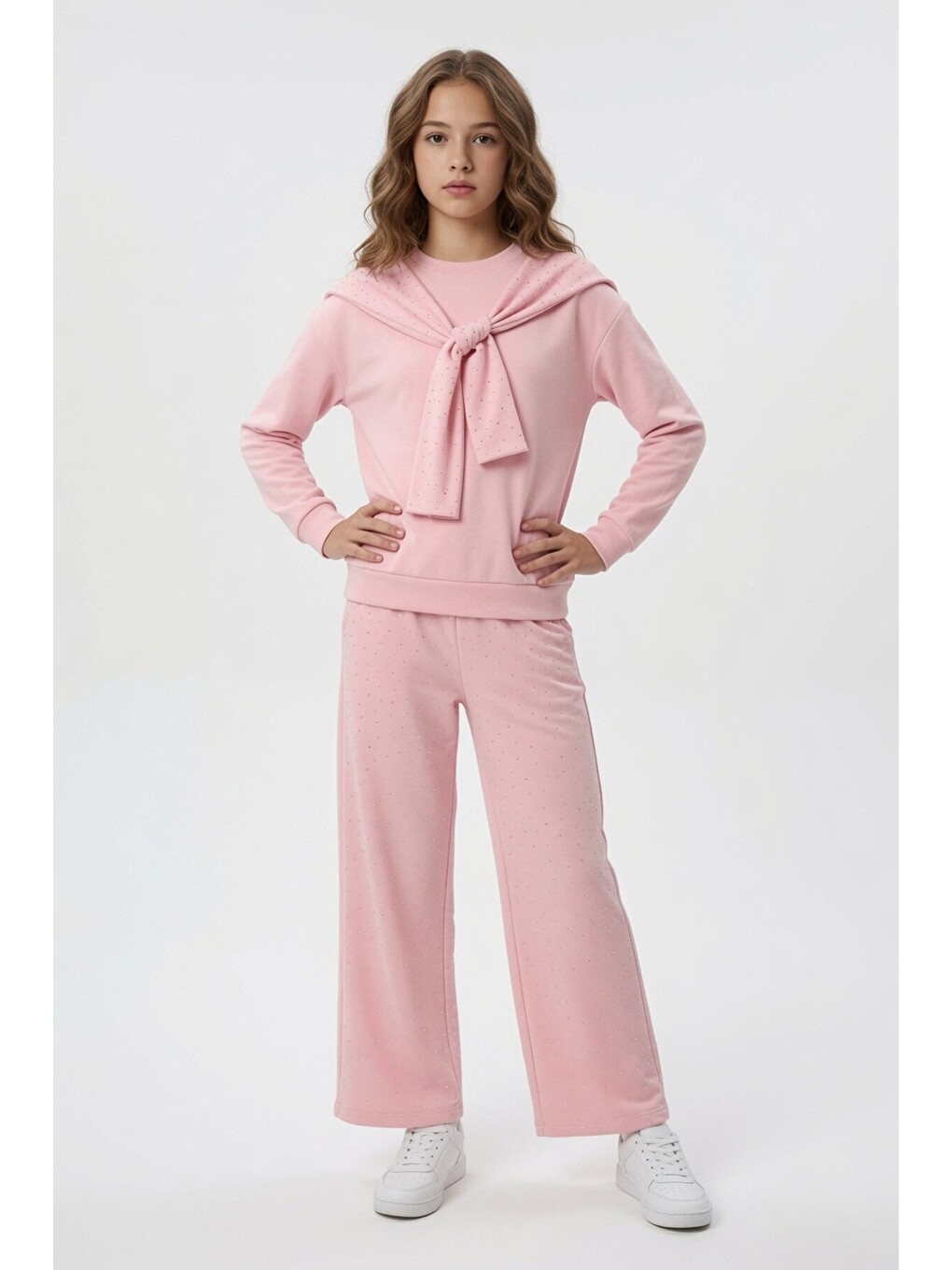 Pembe Taşlı Fular Detaylı Badili Geniş Paça Pantolonlu Kız Çocuk Takım 24704