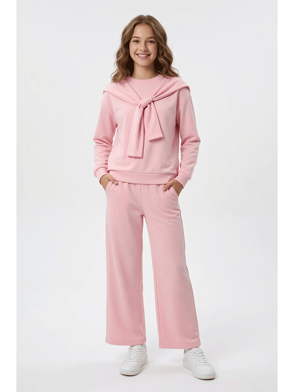 Pembe Taşlı Fular Detaylı Badili Geniş Paça Pantolonlu Kız Çocuk Takım 24704-1