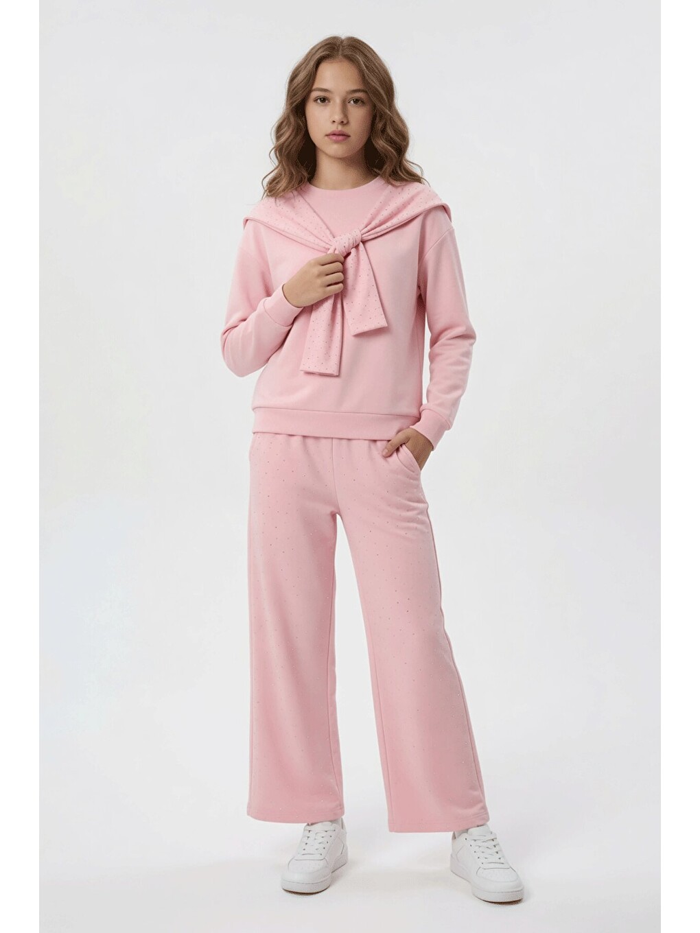 Pembe Taşlı Fular Detaylı Badili Geniş Paça Pantolonlu Kız Çocuk Takım 24704-2