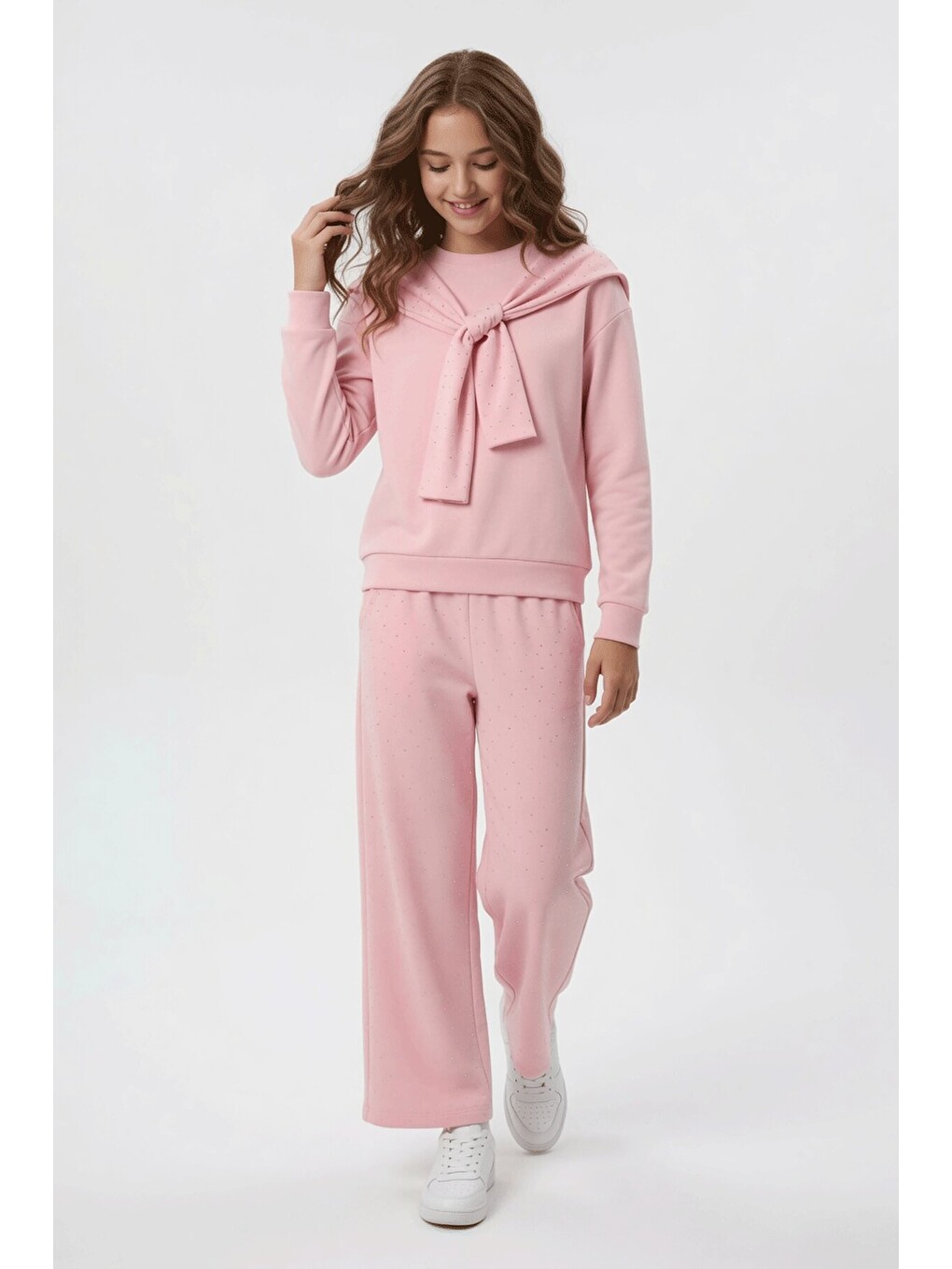 Pembe Taşlı Fular Detaylı Badili Geniş Paça Pantolonlu Kız Çocuk Takım 24704-3